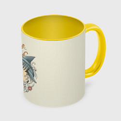 Кружка 3D Кот якудза верхом на акуле, цвет: 3D-белый + желтый