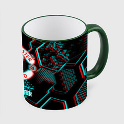 Кружка 3D Manchester United FC в стиле glitch на темном фоне, цвет: 3D-зеленый кант