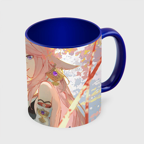 Кружка цветная Genshin Impact Яэ Miko smile kitsune / 3D-Белый + синий – фото 1