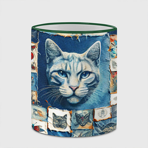 Кружка цветная Кошка на дениме - пэчворк / 3D-Зеленый кант – фото 2