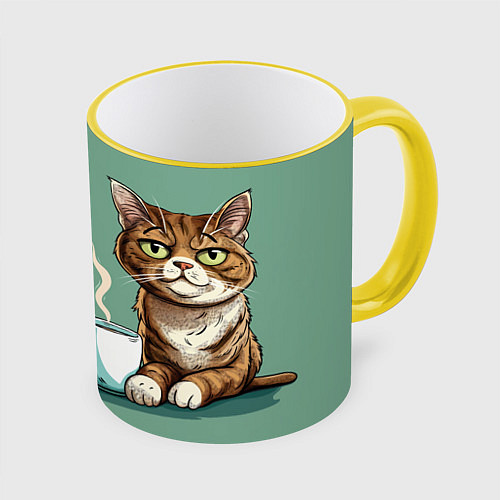 Кружка цветная Перерыв на кофе - кот / 3D-Желтый кант – фото 1