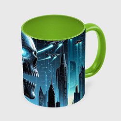 Кружка 3D Cyberpunk skull - metropolis neon glow, цвет: 3D-белый + светло-зеленый