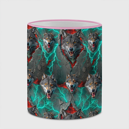 Кружка цветная Паттерн из волков эпично / 3D-Розовый кант – фото 2
