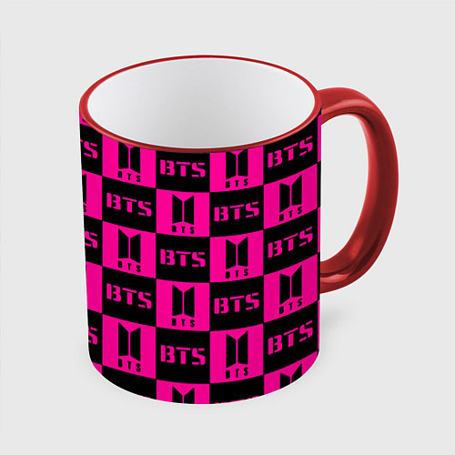 Кружка цветная BTS pattern pink logo / 3D-Красный кант – фото 1