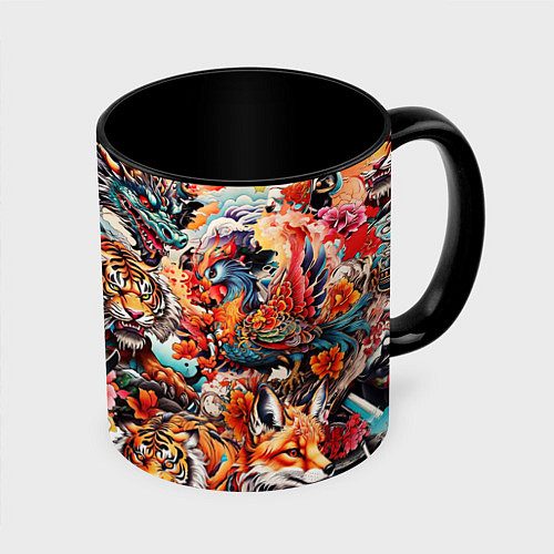 Кружка цветная Японская татуировка дракона тигра и самурая / 3D-Белый + черный – фото 1