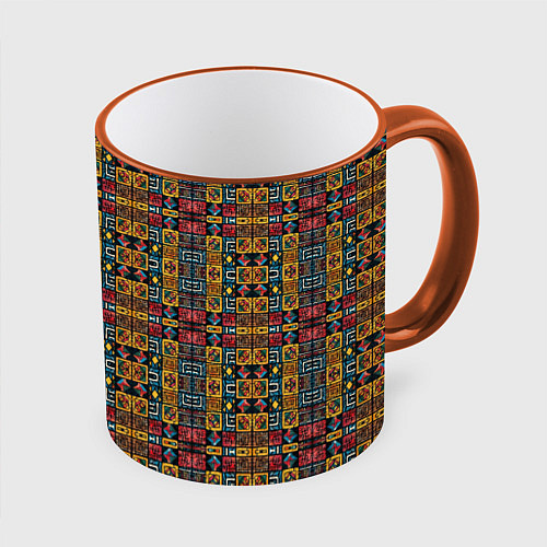 Кружка цветная Геометрический африканский узор-паттерн / 3D-Оранжевый кант – фото 1