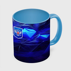 Кружка 3D Герб России на синей абстракции, цвет: 3D-белый + небесно-голубой