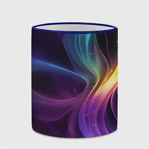 Кружка цветная Радужные неоновые волны и разводы на черном фоне / 3D-Синий кант – фото 2