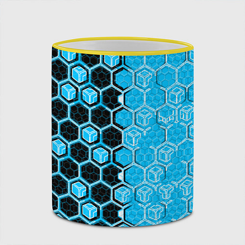 Кружка цветная Техно-киберпанк шестиугольники голубой и чёрный / 3D-Желтый кант – фото 2