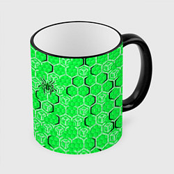 Кружка 3D Техно-киберпанк шестиугольники зелёный и чёрный с, цвет: 3D-черный кант