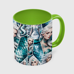 Кружка 3D Русалки блондинки на паттерне, цвет: 3D-белый + светло-зеленый