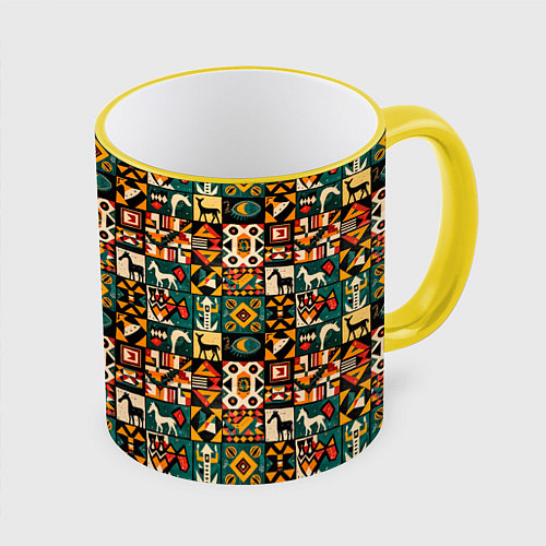 Кружка цветная Африканские паттерн животные / 3D-Желтый кант – фото 1