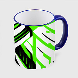 Кружка 3D Чёрно-зелёные полосы на белом фоне, цвет: 3D-синий кант