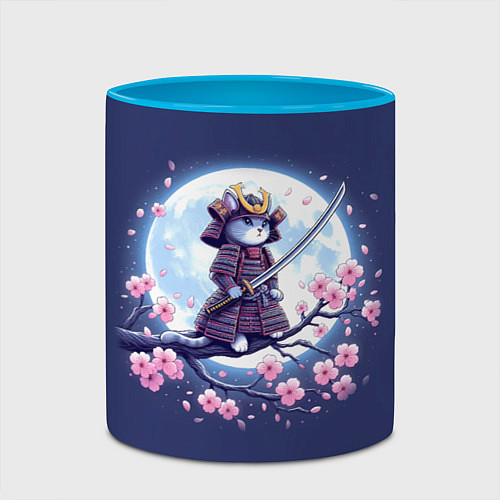 Кружка цветная Котёнок самурай - цветущая сакура / 3D-Белый + небесно-голубой – фото 2