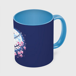 Кружка 3D Котёнок самурай - цветущая сакура, цвет: 3D-белый + небесно-голубой