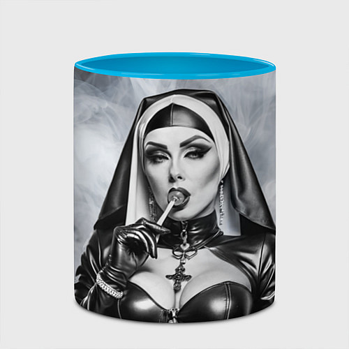 Кружка цветная Пошлая монахиня с чупа чупсом / 3D-Белый + небесно-голубой – фото 2