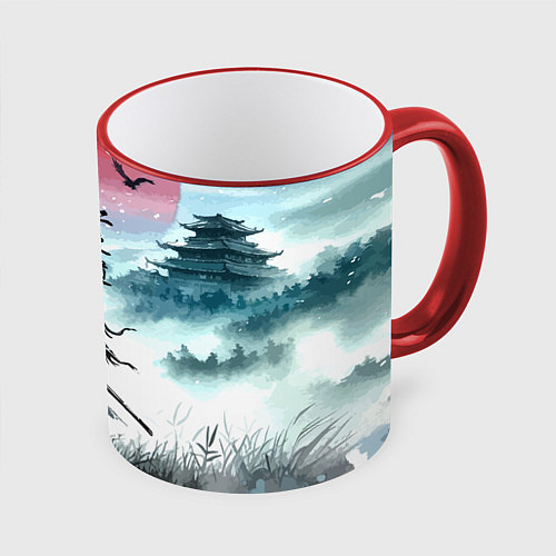 Кружка цветная Japanese samurai - ghost of Tsushima / 3D-Красный кант – фото 1