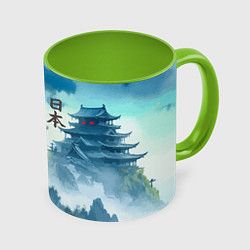 Кружка 3D Японский пейзаж - акварель живопись, цвет: 3D-белый + светло-зеленый