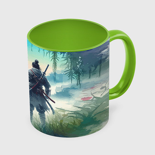 Кружка цветная Японский самурай на берегу горного озера / 3D-Белый + светло-зеленый – фото 1