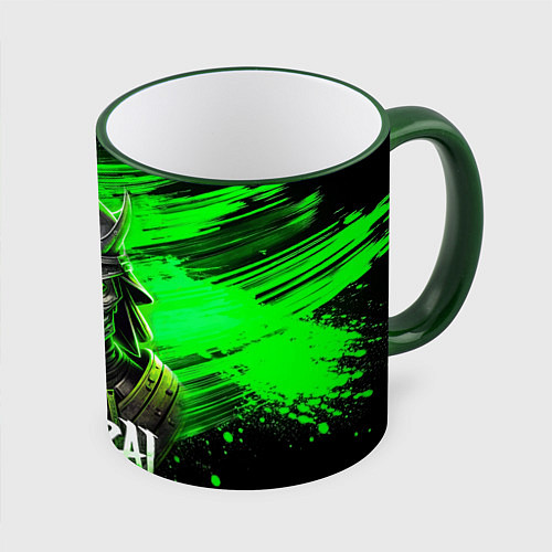 Кружка цветная Самурай яркий зеленый фон / 3D-Зеленый кант – фото 1