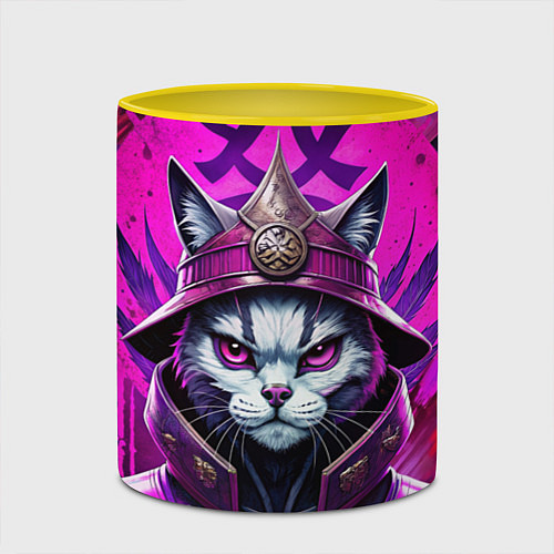 Кружка цветная Кот самурай в ярких фиолетовых оттенках / 3D-Белый + желтый – фото 2