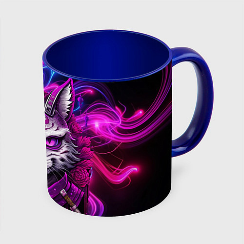 Кружка цветная Кот самурай в ярких фиолетовых оттенках / 3D-Белый + синий – фото 1