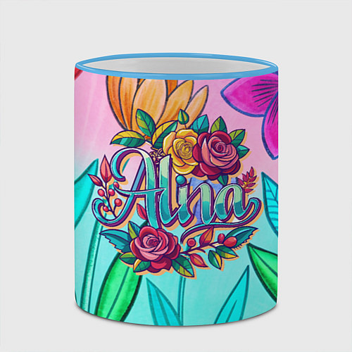 Кружка цветная Алина три розы / 3D-Небесно-голубой кант – фото 2