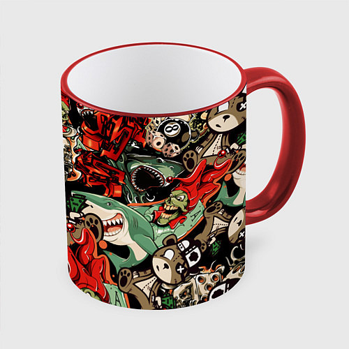 Кружка цветная Граффити плюшевого медведя среди акул азарта / 3D-Красный кант – фото 1