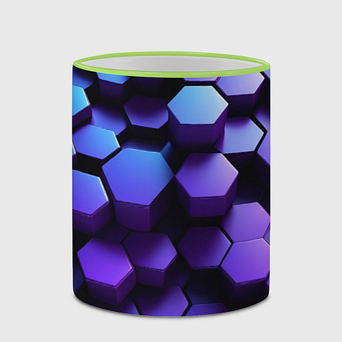 Кружка цветная Абстрактные трехмерные фиолетовые гексагоны / 3D-Светло-зеленый кант – фото 2