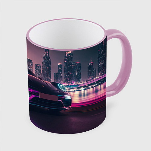 Кружка цветная Porshe ночной город / 3D-Розовый кант – фото 1