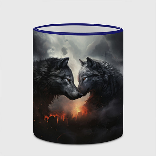 Кружка цветная Влюбленные волки в дыму / 3D-Синий кант – фото 2