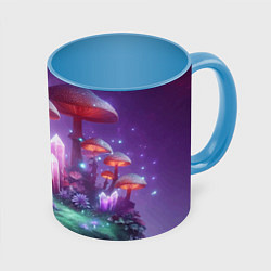 Кружка 3D Неоновые грибы и кристаллы в космосе - фантазия, цвет: 3D-белый + небесно-голубой