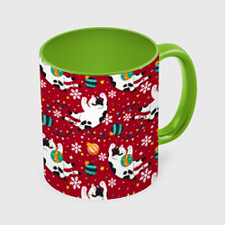 Кружка 3D Новогодний паттерн с котиками, цвет: 3D-белый + светло-зеленый