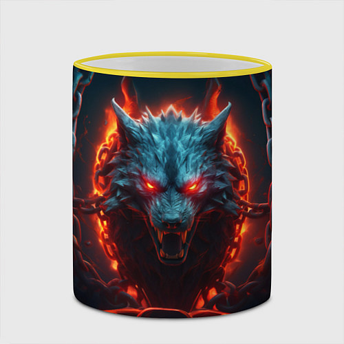 Кружка цветная Агрессивный волк в цепях / 3D-Желтый кант – фото 2