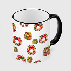 Кружка 3D Много новогодних пончиков и подарков с бантиком и, цвет: 3D-черный кант