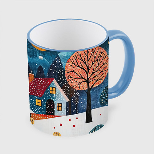 Кружка цветная Новогодняя ночь пейзаж / 3D-Небесно-голубой кант – фото 1