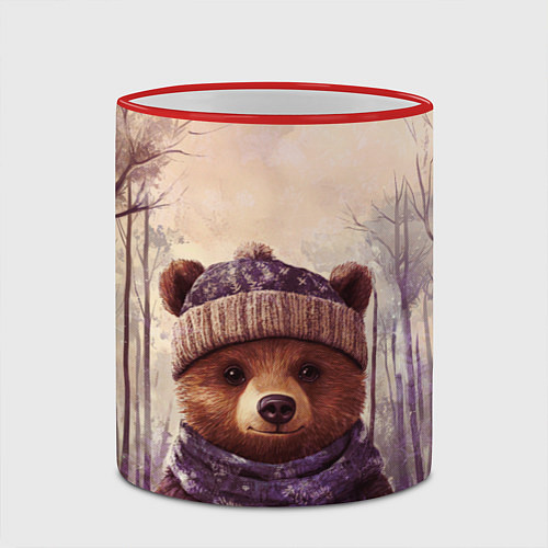 Кружка цветная Мишка в пасмурном лесу / 3D-Красный кант – фото 2