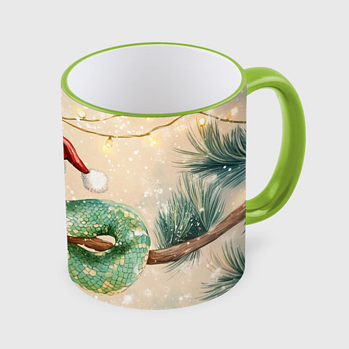 Кружка цветная Змея на ветке елки / 3D-Светло-зеленый кант – фото 1
