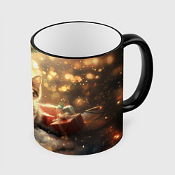 Кружка 3D Новогодний милый котенок с подарками, цвет: 3D-черный кант