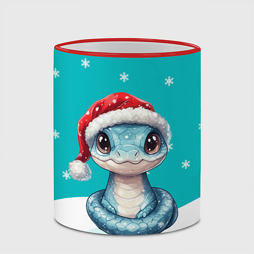 Кружка цветная Новогодняя голубая змейка символ 2025 / 3D-Красный кант – фото 2