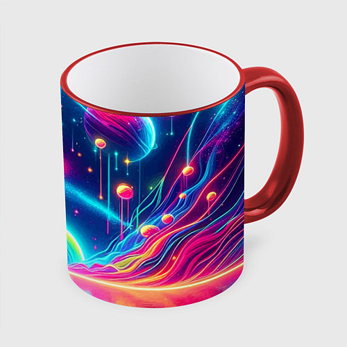 Кружка цветная Неоновый космос - нейроарт фантазия / 3D-Красный кант – фото 1