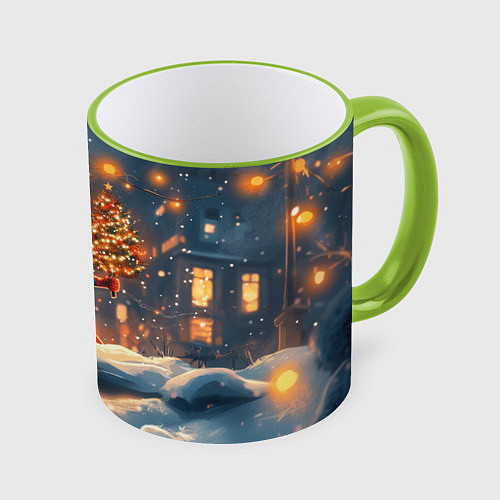 Кружка цветная Маленький человек-паук держит елку / 3D-Светло-зеленый кант – фото 1