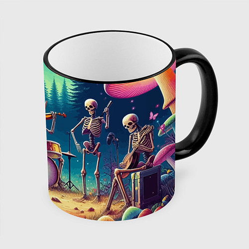 Кружка цветная Группа скелетов даёт концерт под грибами / 3D-Черный кант – фото 1