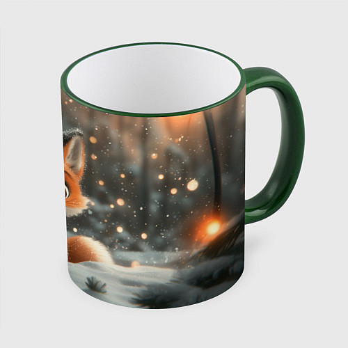 Кружка цветная Лисичка удивляется снегу / 3D-Зеленый кант – фото 1
