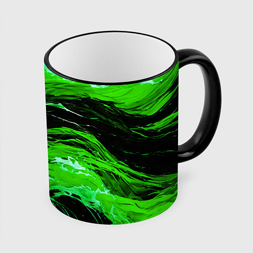 Кружка цветная Зелёные брызги на чёрном фоне / 3D-Черный кант – фото 1