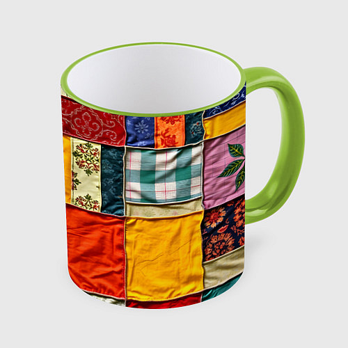 Кружка цветная Пэчворк из ярких тканей / 3D-Светло-зеленый кант – фото 1
