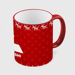 Кружка 3D Новогодний Mitsubishi с оленями, цвет: 3D-красный кант