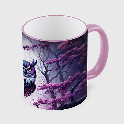 Кружка цветная Черно фиолетовая сова сидит на ветке / 3D-Розовый кант – фото 1