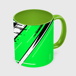 Кружка 3D Чёрно-белые глитч полосы на зелёном фоне, цвет: 3D-белый + светло-зеленый