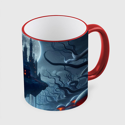 Кружка цветная Замок Дракулы и неоновые грибы - нейроарт фантазия / 3D-Красный кант – фото 1